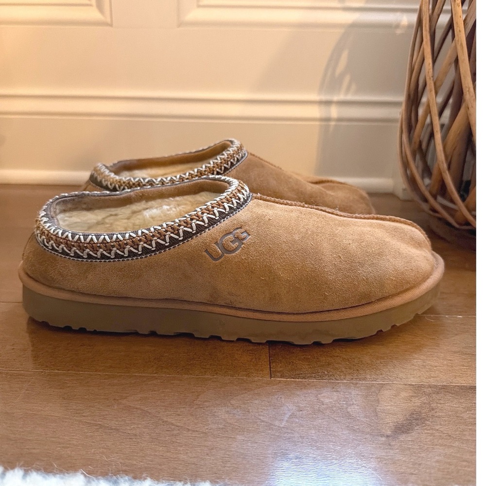 UGG Tasman Chestnut Suede Slippers Mens Size 12 Shearling Lined Flawed Sole